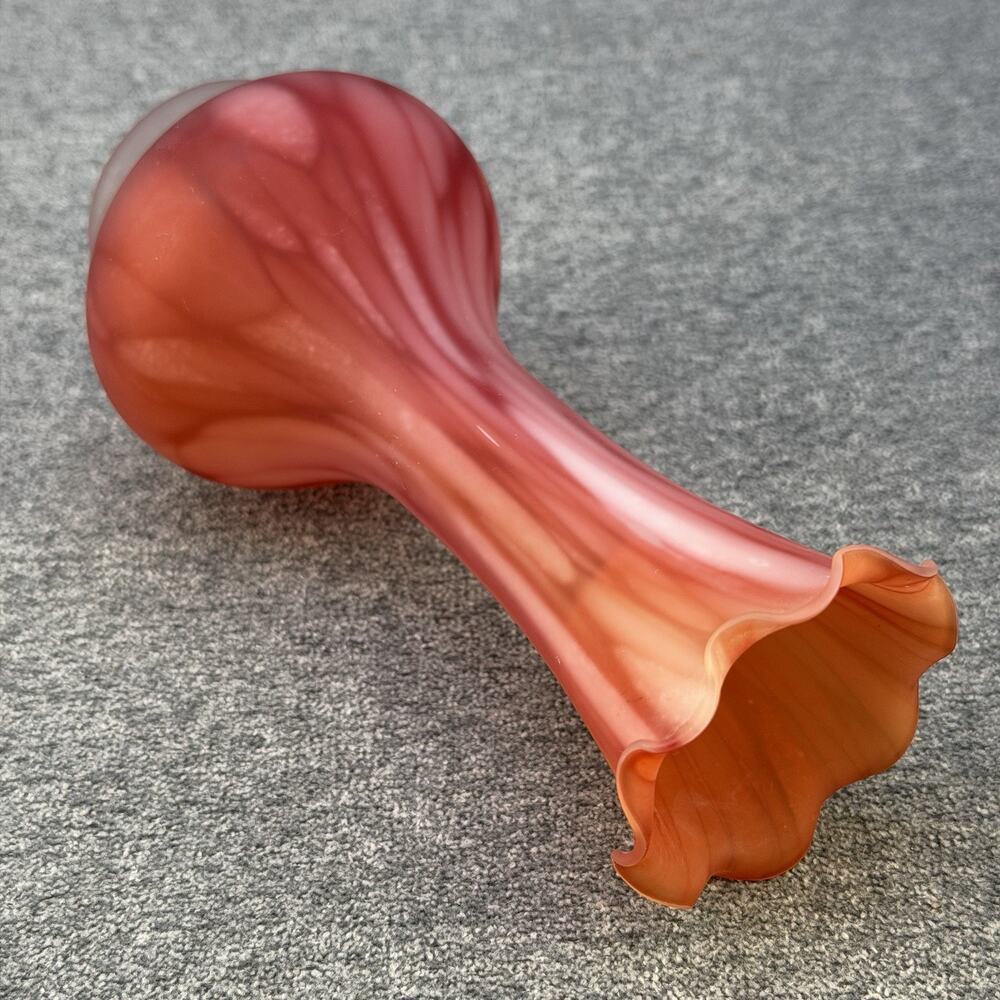 Art Glass Bud Vase Orange Pink Vein Swirl Ruffled Rim MCM 7" Delicate READ